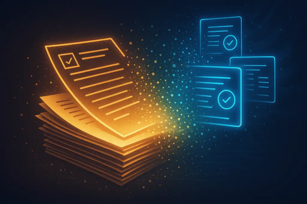 Showing a pile of paper documents morphing into a digital creation of the same document