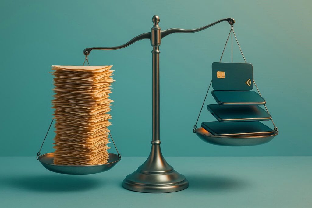 A set of metal scales. The scale on the left hand side sags, heavy with paper; the scale on the right hand side is light with digital documents.